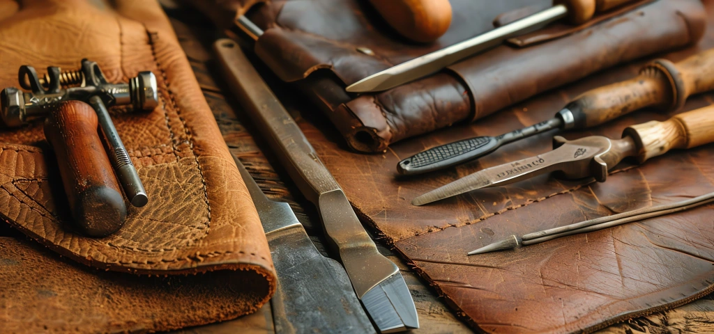 Herramientas para trabajar el cuero dispuestas sobre la mesa de madera del taller